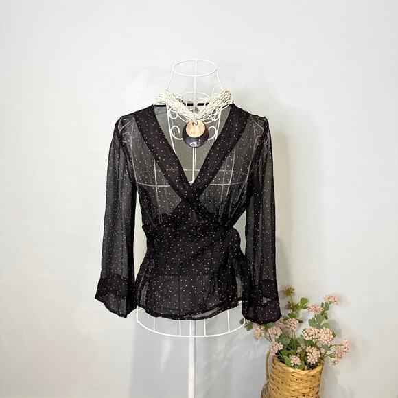 Hot pink & black polka dot silky vintage 90s wrap tie long sleeve blouse top - Picture 1 of 6